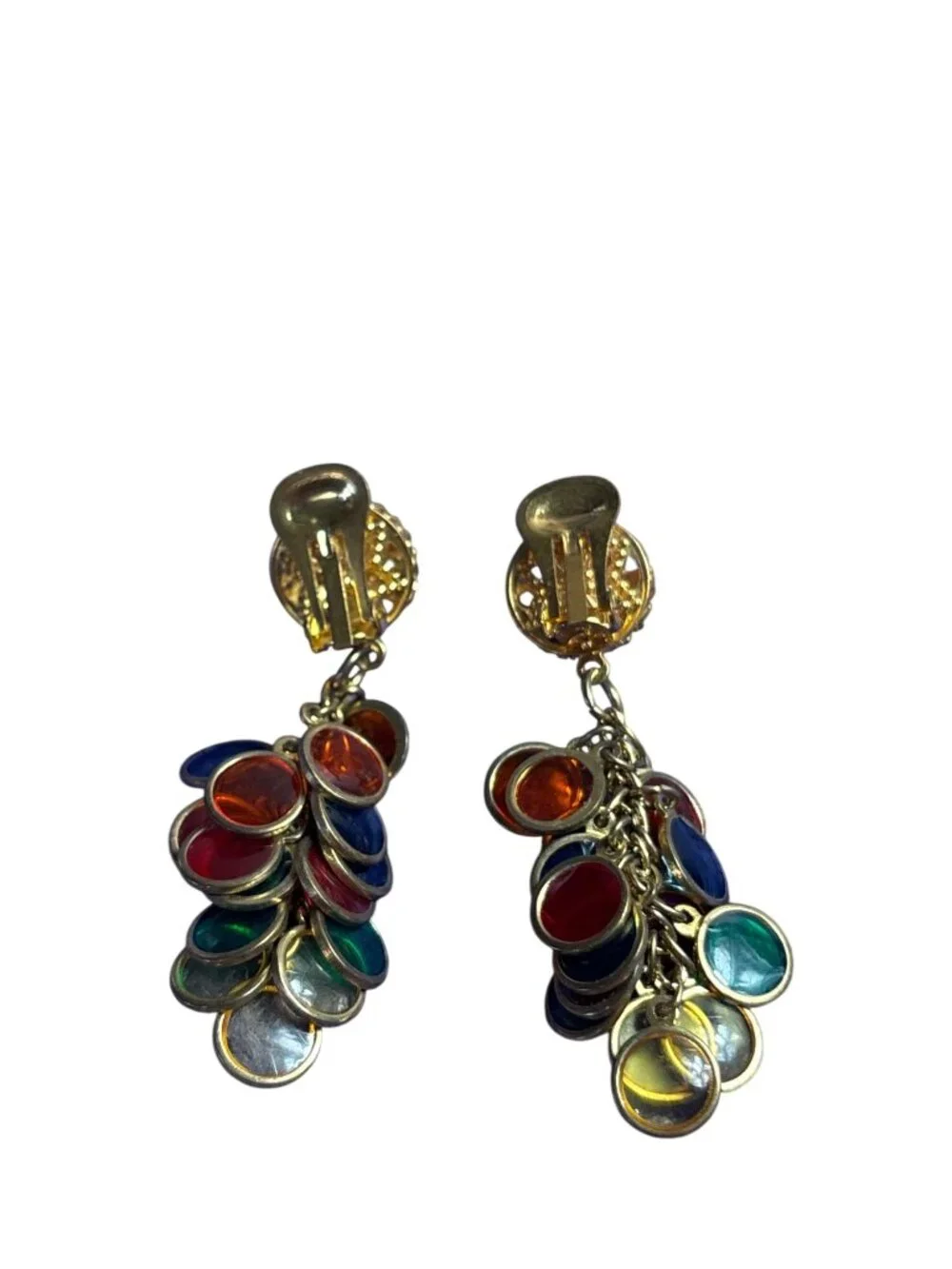 Vtg Clip On Dangle Earrings Goldtone Filigree Multicolor Disks Cluster 2 inches